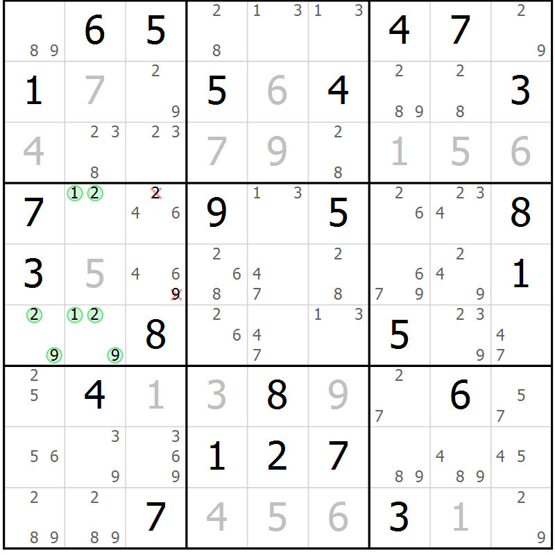 Position des candidats pour la solution de la Gr 71 page 74 du magazine de sudoku Maestro n° 097