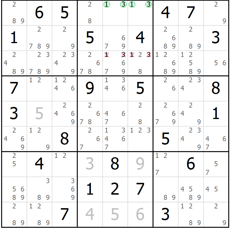 Position des candidats pour la solution de la Gr 71 page 74 du magazine de sudoku Maestro n° 097