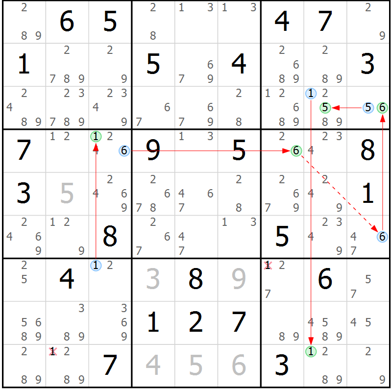 Position des candidats pour la solution de la Gr 71 page 74 du magazine de sudoku Maestro n° 097