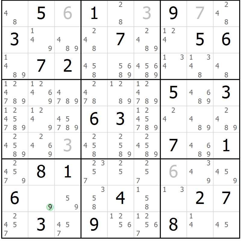 Position des candidats pour la solution de la Gr 72 page 75 du magazine de sudoku Maestro n° 097