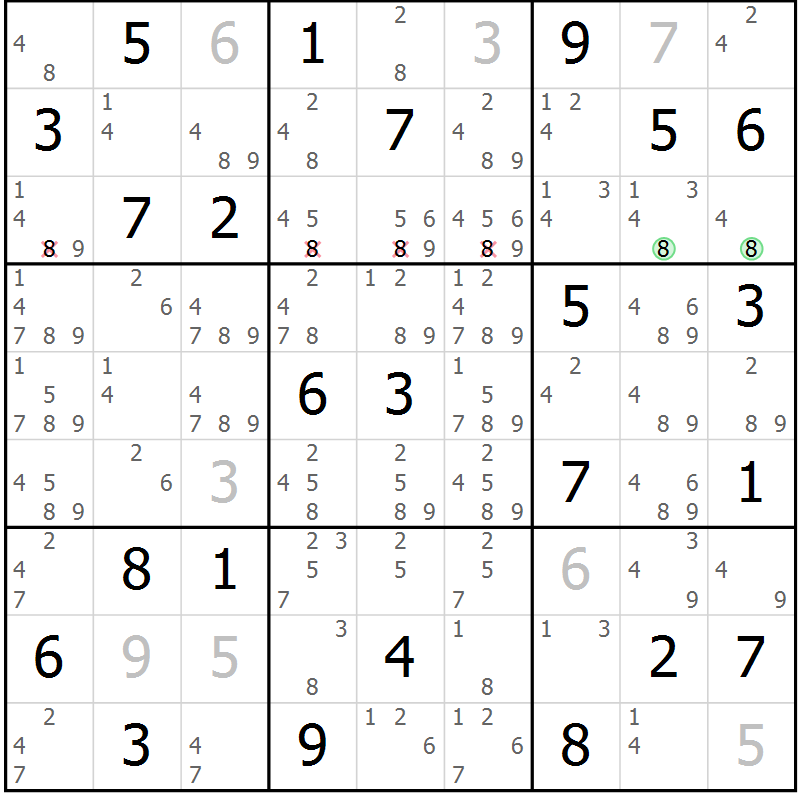 Position des candidats pour la solution de la Gr 72 page 75 du magazine de sudoku Maestro n° 097