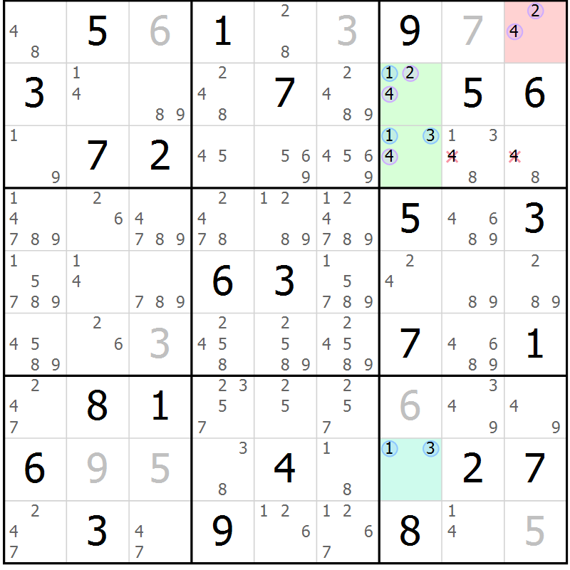 Position des candidats pour la solution de la Gr 72 page 75 du magazine de sudoku Maestro n° 097