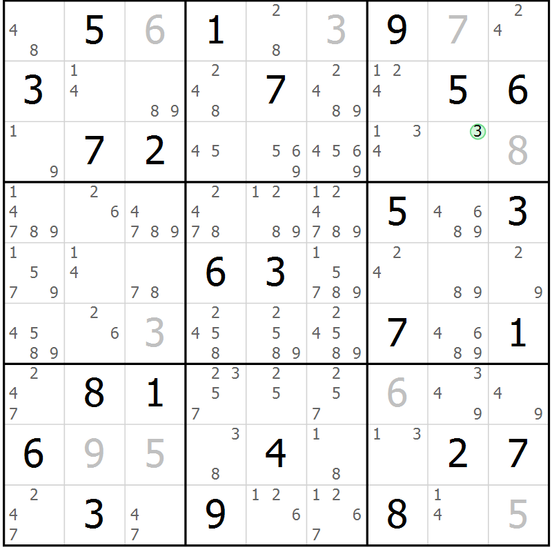 Position des candidats pour la solution de la Gr 72 page 75 du magazine de sudoku Maestro n° 097