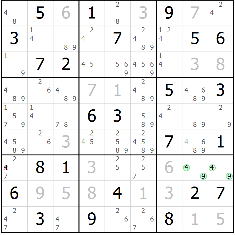 Position des candidats pour la solution de la Gr 72 page 75 du magazine de sudoku Maestro n° 097