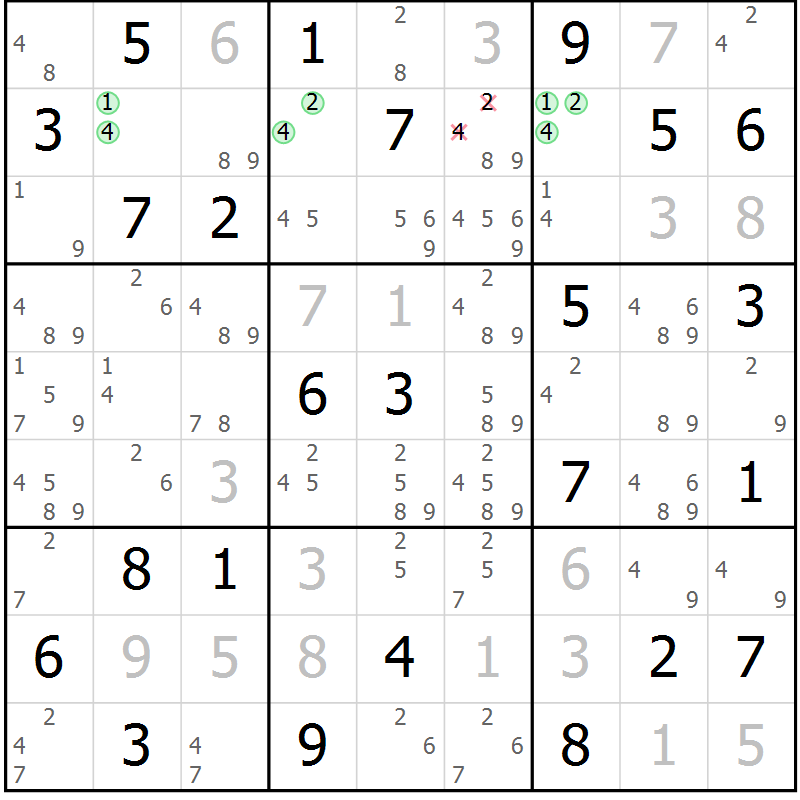 Position des candidats pour la solution de la Gr 72 page 75 du magazine de sudoku Maestro n° 097