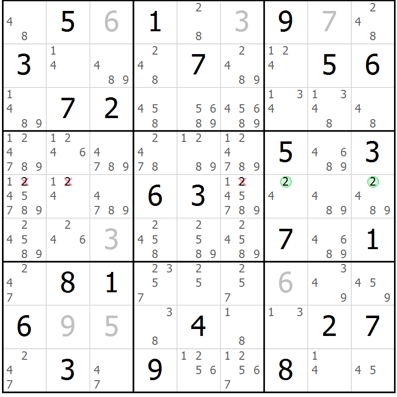 Position des candidats pour la solution de la Gr 72 page 75 du magazine de sudoku Maestro n° 097