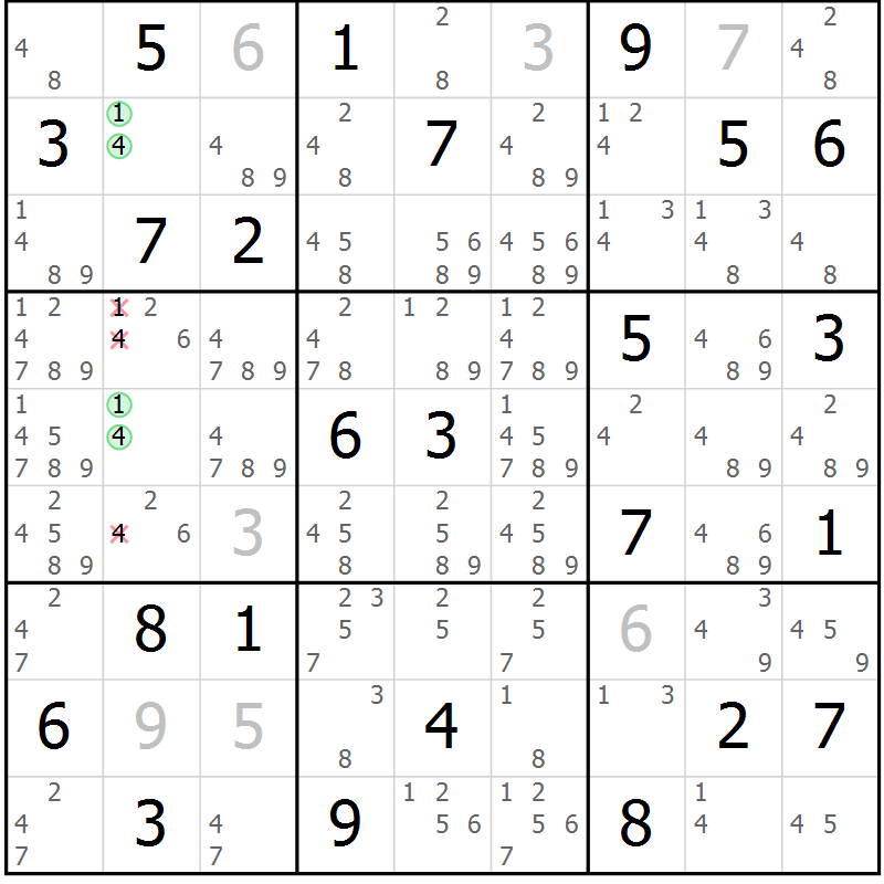 Position des candidats pour la solution de la Gr 72 page 75 du magazine de sudoku Maestro n° 097