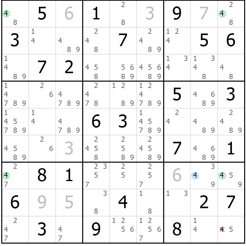Position des candidats pour la solution de la Gr 72 page 75 du magazine de sudoku Maestro n° 097