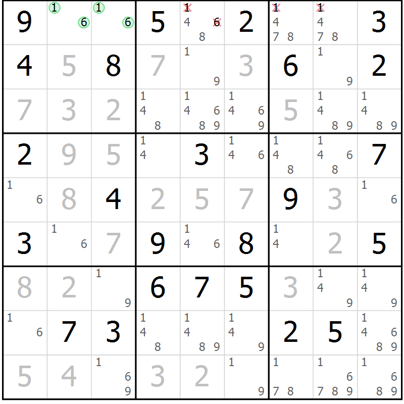 Position des candidats pour la solution de la Gr 73 page 76 du magazine de sudoku Maestro n° 097