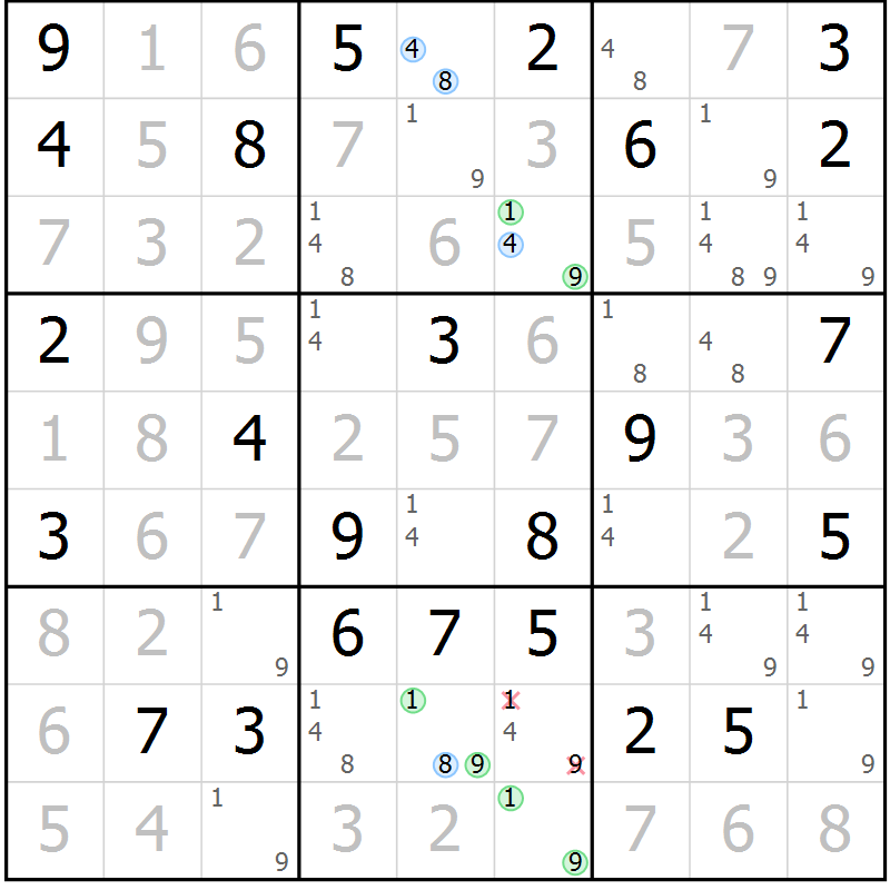 Position des candidats pour la solution de la Gr 73 page 76 du magazine de sudoku Maestro n° 097