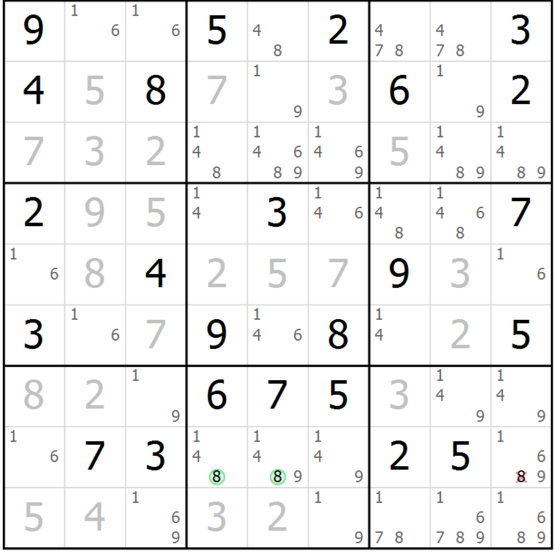 Position des candidats pour la solution de la Gr 73 page 76 du magazine de sudoku Maestro n° 097