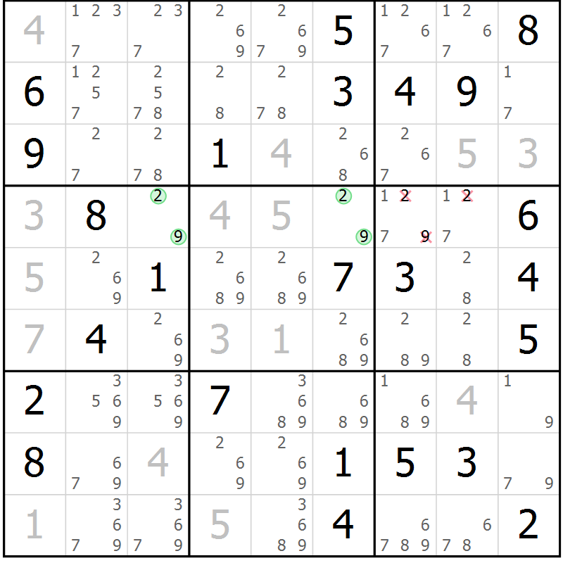 Position des candidats pour la solution de la Gr 74 page 77 du magazine de sudoku Maestro n° 097