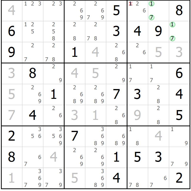 Position des candidats pour la solution de la Gr 74 page 77 du magazine de sudoku Maestro n° 097