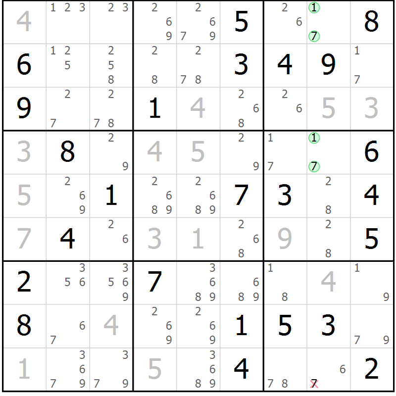 Position des candidats pour la solution de la Gr 74 page 77 du magazine de sudoku Maestro n° 097