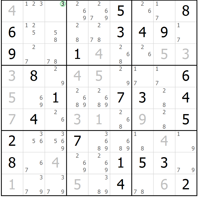 Position des candidats pour la solution de la Gr 74 page 77 du magazine de sudoku Maestro n° 097