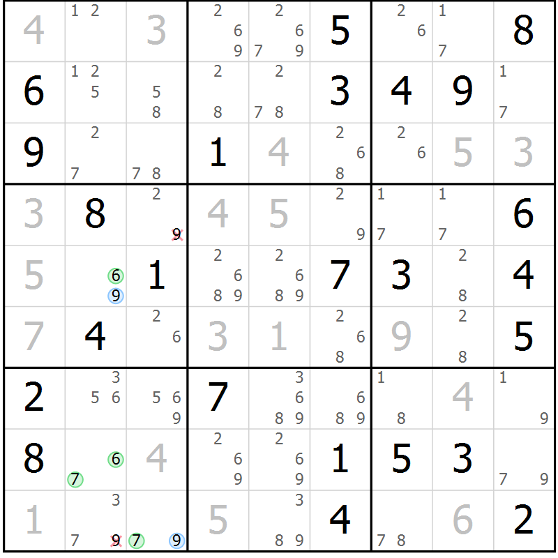 Position des candidats pour la solution de la Gr 74 page 77 du magazine de sudoku Maestro n° 097