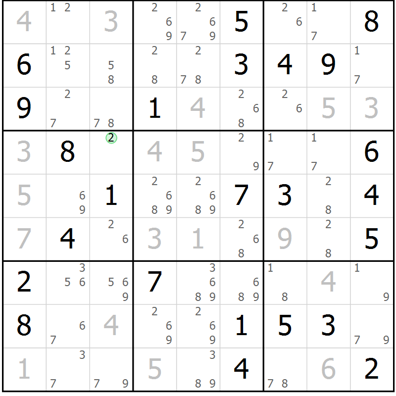 Position des candidats pour la solution de la Gr 74 page 77 du magazine de sudoku Maestro n° 097