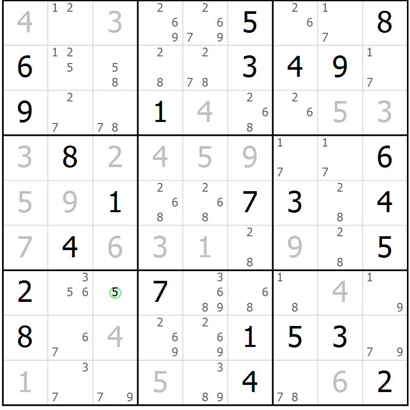 Position des candidats pour la solution de la Gr 74 page 77 du magazine de sudoku Maestro n° 097