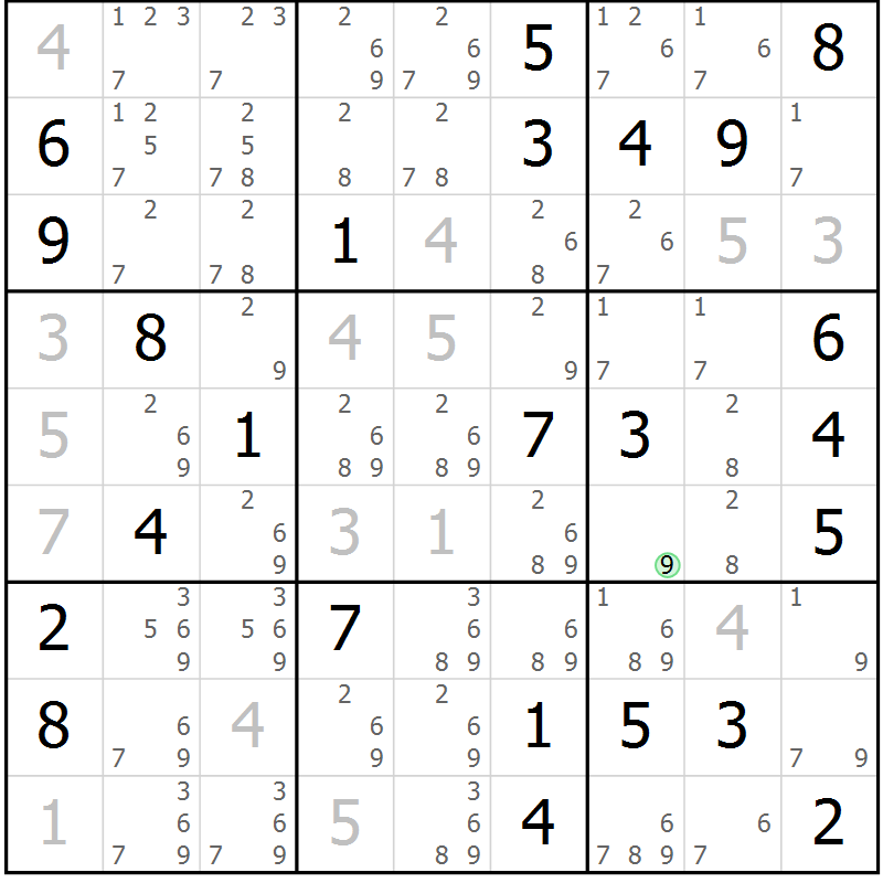 Position des candidats pour la solution de la Gr 74 page 77 du magazine de sudoku Maestro n° 097