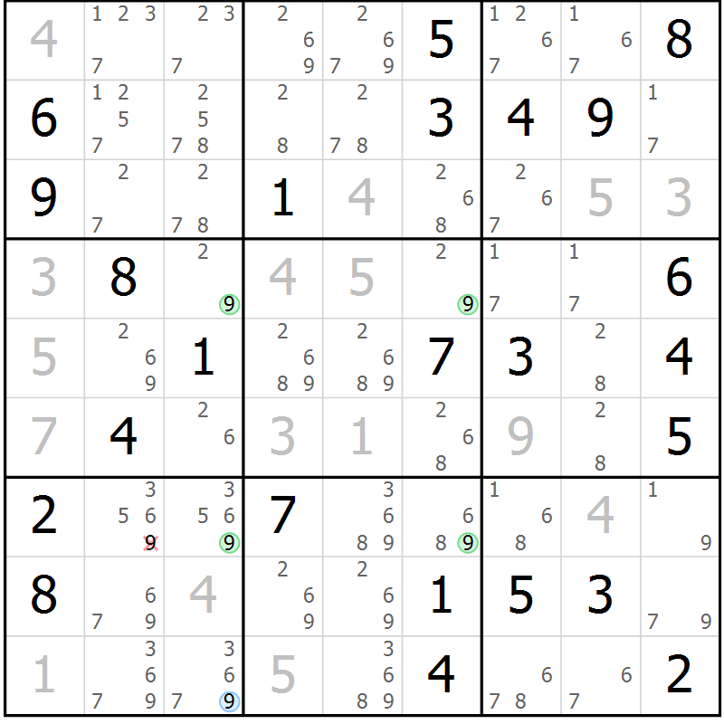 Position des candidats pour la solution de la Gr 74 page 77 du magazine de sudoku Maestro n° 097
