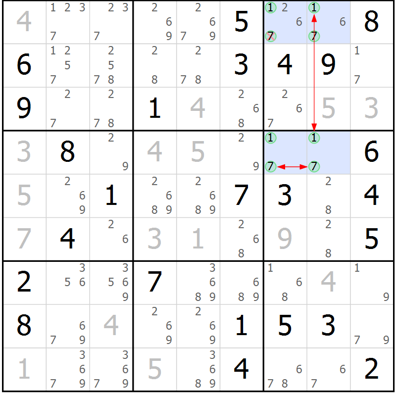 Position des candidats pour la solution de la Gr 74 page 77 du magazine de sudoku Maestro n° 097