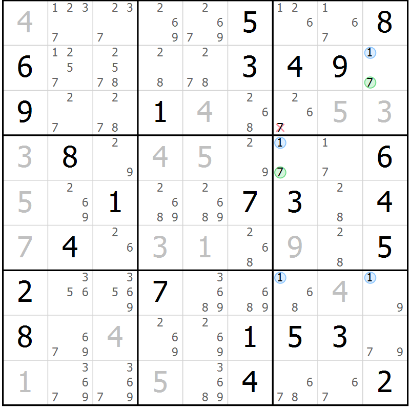 Position des candidats pour la solution de la Gr 74 page 77 du magazine de sudoku Maestro n° 097