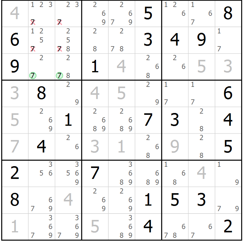 Position des candidats pour la solution de la Gr 74 page 77 du magazine de sudoku Maestro n° 097