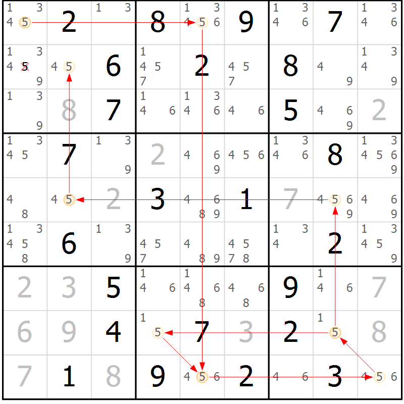 Position des candidats pour la solution de la Gr 75 page 78 du magazine de sudoku Maestro n° 097