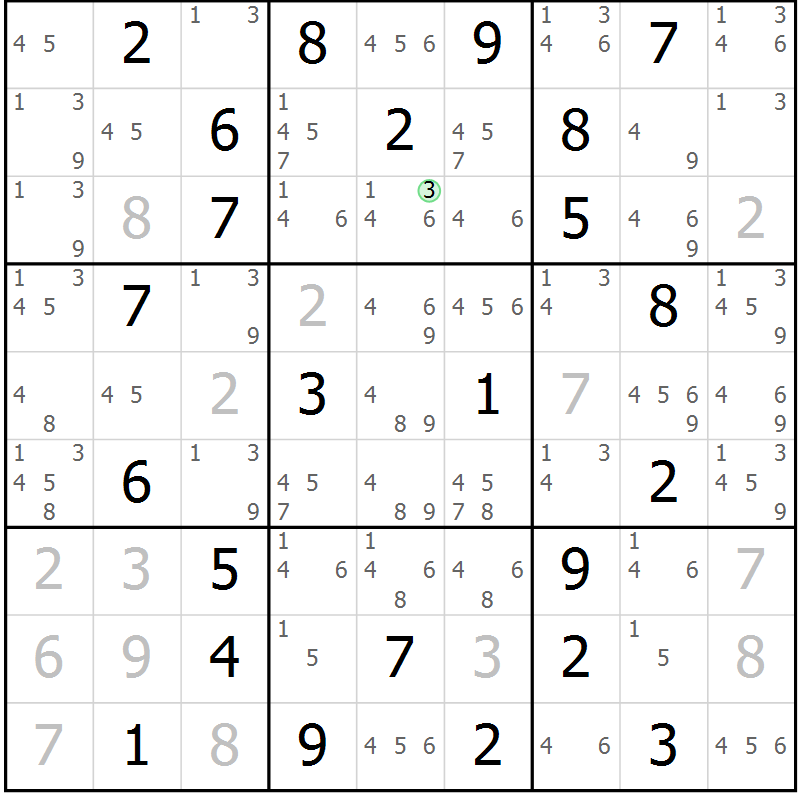 Position des candidats pour la solution de la Gr 75 page 78 du magazine de sudoku Maestro n° 097