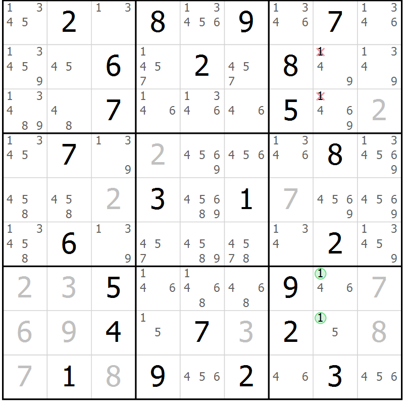 Position des candidats pour la solution de la Gr 75 page 78 du magazine de sudoku Maestro n° 097