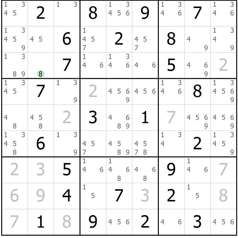 Position des candidats pour la solution de la Gr 75 page 78 du magazine de sudoku Maestro n° 097