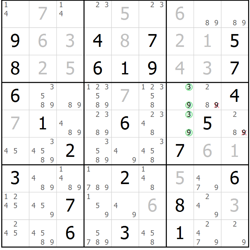 Position des candidats pour la solution de la Gr 76 page 79 du magazine de sudoku Maestro n° 097