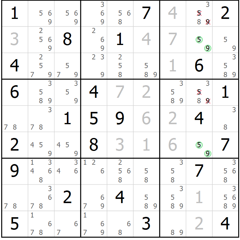 Position des candidats pour la solution de la Gr 77 page 80 du magazine de sudoku Maestro n° 097