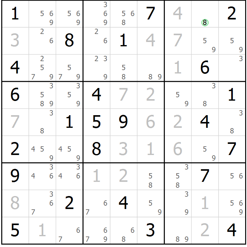 Position des candidats pour la solution de la Gr 77 page 80 du magazine de sudoku Maestro n° 097