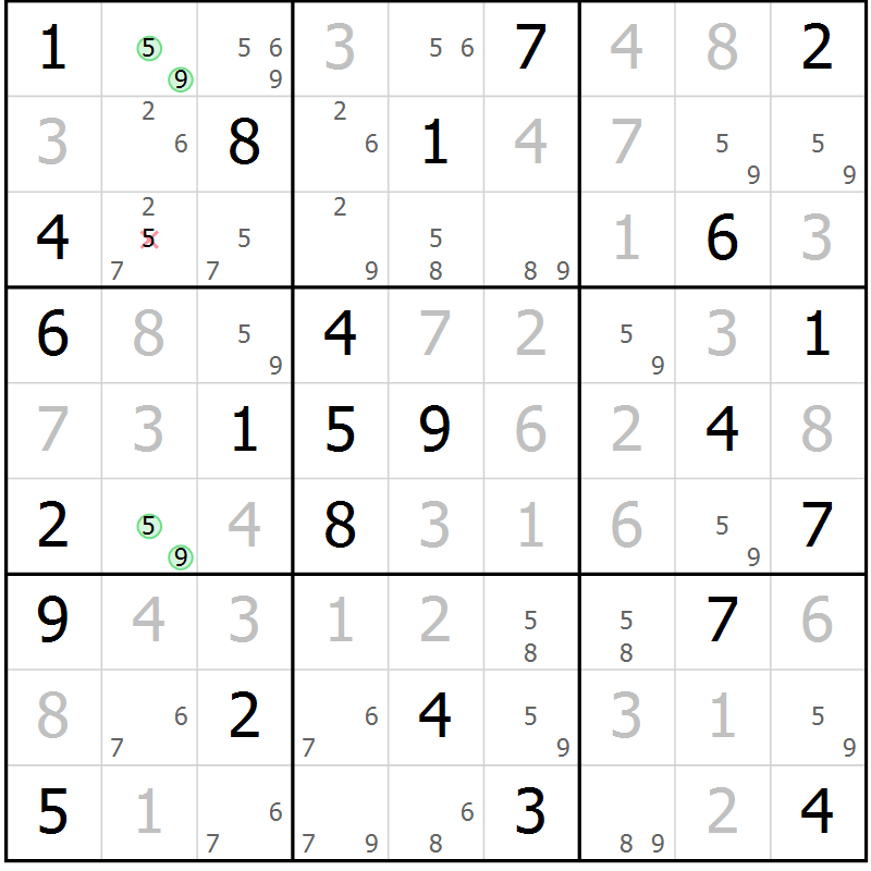 Position des candidats pour la solution de la Gr 77 page 80 du magazine de sudoku Maestro n° 097