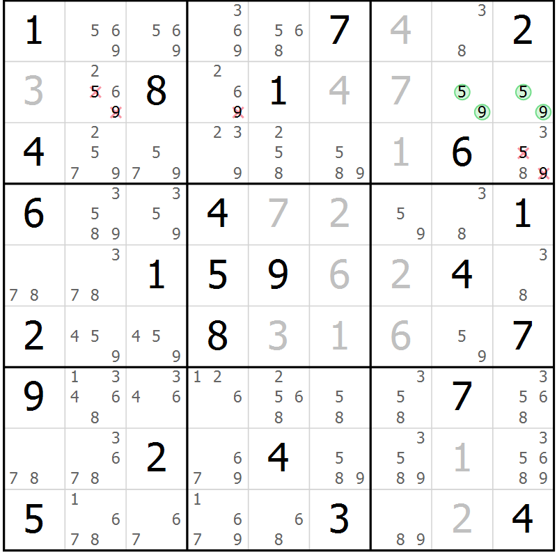 Position des candidats pour la solution de la Gr 77 page 80 du magazine de sudoku Maestro n° 097