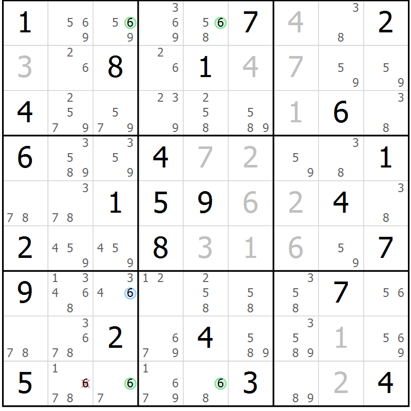 Position des candidats pour la solution de la Gr 77 page 80 du magazine de sudoku Maestro n° 097