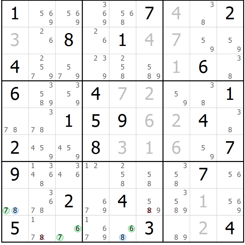 Position des candidats pour la solution de la Gr 77 page 80 du magazine de sudoku Maestro n° 097