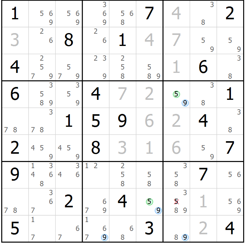 Position des candidats pour la solution de la Gr 77 page 80 du magazine de sudoku Maestro n° 097