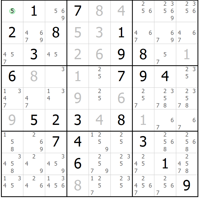 Position des candidats pour la solution de la Gr 78 page 81 du magazine de sudoku Maestro n° 097