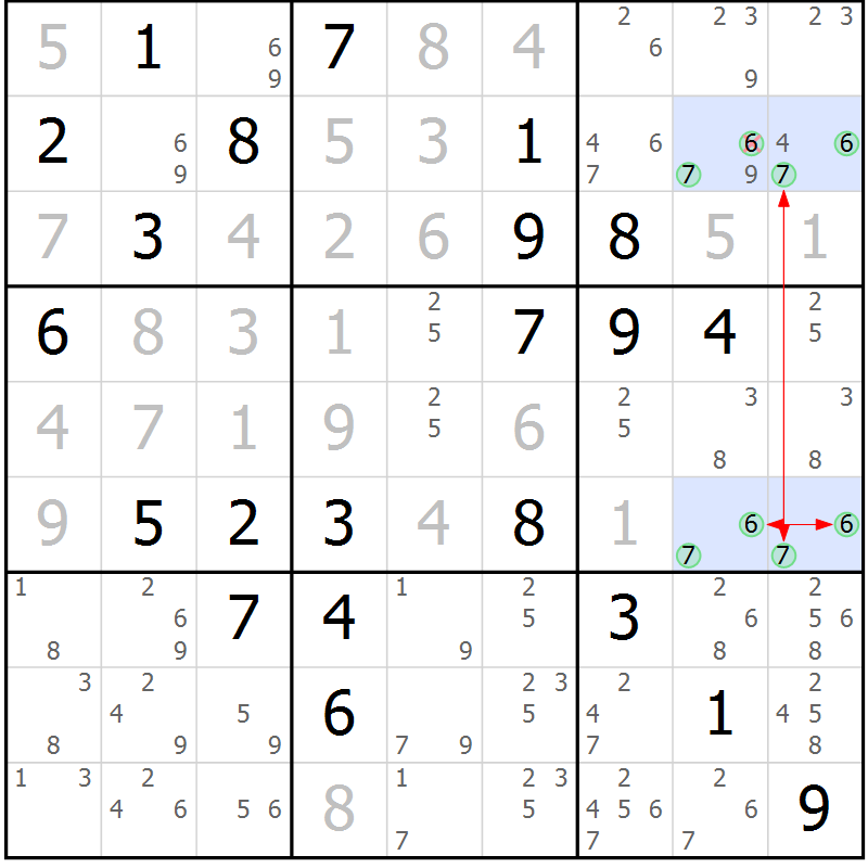 Position des candidats pour la solution de la Gr 78 page 81 du magazine de sudoku Maestro n° 097