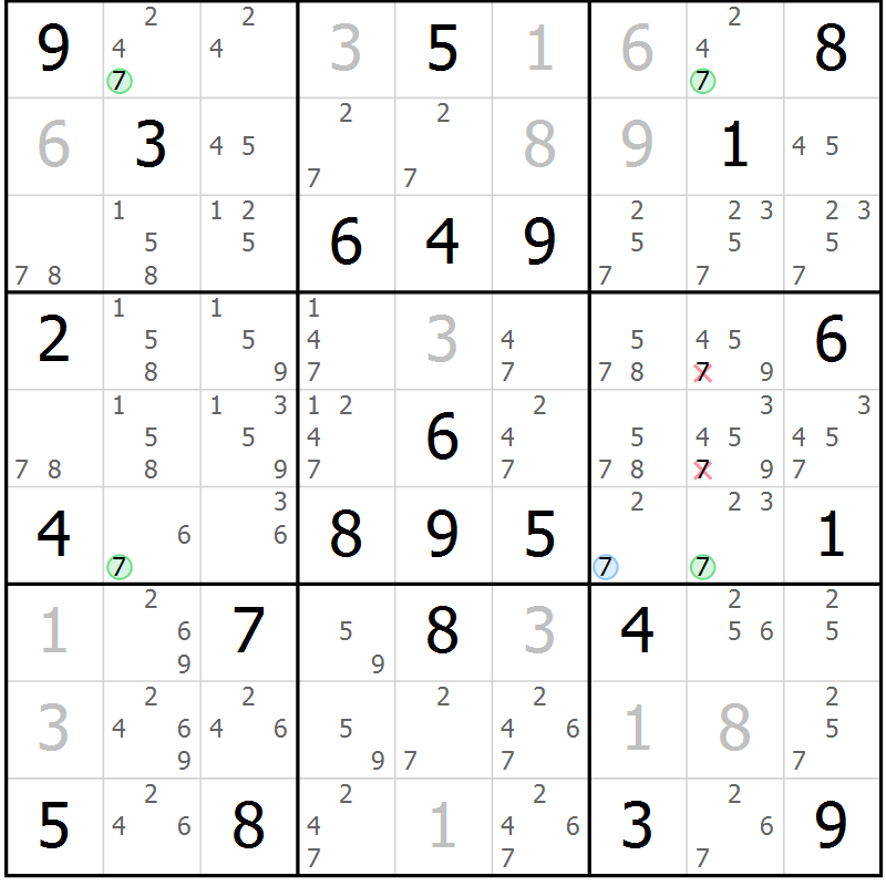 Position des candidats pour la solution de la Gr 79 page 82 du magazine de sudoku Maestro n° 097
