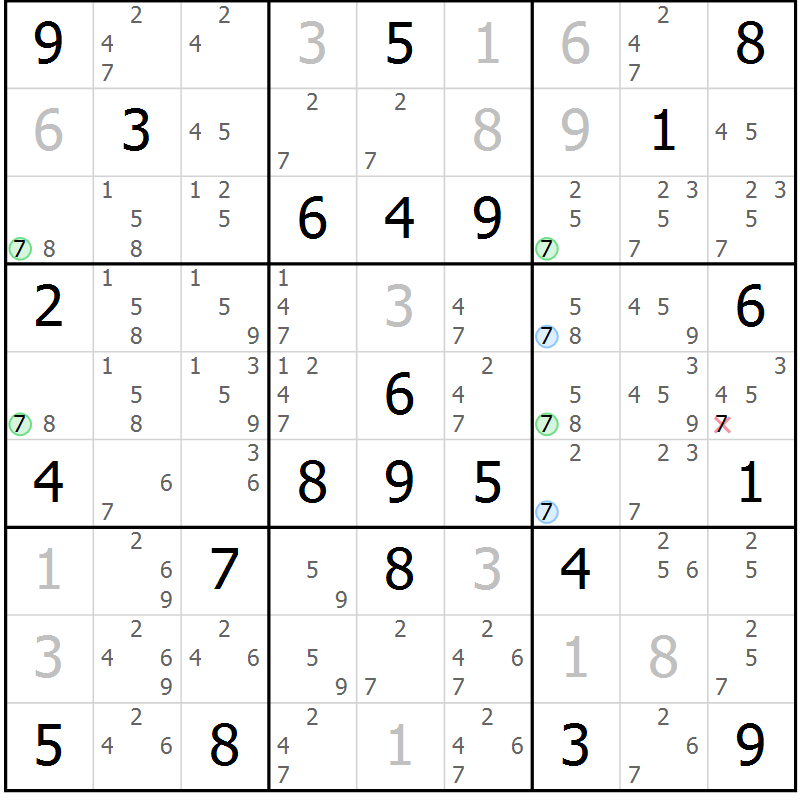 Position des candidats pour la solution de la Gr 79 page 82 du magazine de sudoku Maestro n° 097