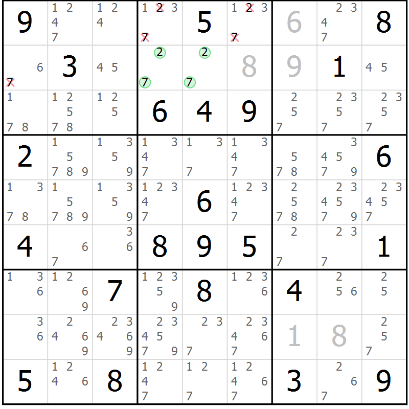 Position des candidats pour la solution de la Gr 79 page 82 du magazine de sudoku Maestro n° 097
