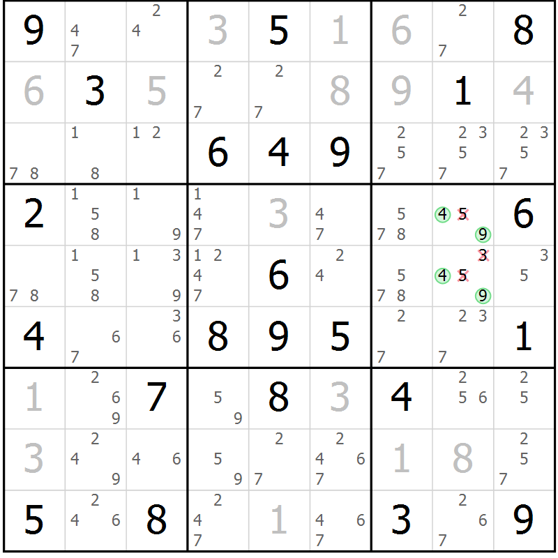 Position des candidats pour la solution de la Gr 79 page 82 du magazine de sudoku Maestro n° 097