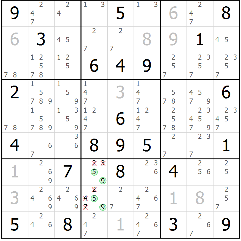 Position des candidats pour la solution de la Gr 79 page 82 du magazine de sudoku Maestro n° 097