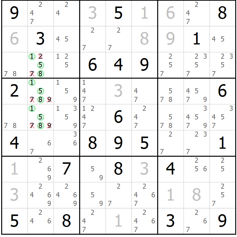Position des candidats pour la solution de la Gr 79 page 82 du magazine de sudoku Maestro n° 097