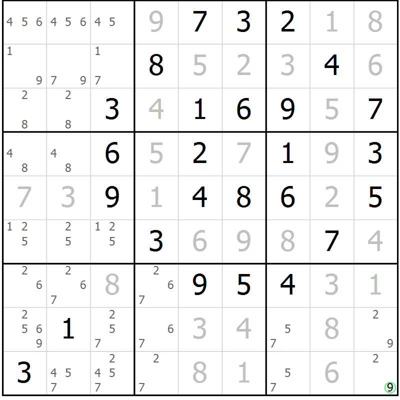 Position des candidats pour la solution de la Gr 8 page 11 du magazine de sudoku Maestro n° 097