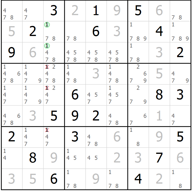 Position des candidats pour la solution de la Gr 80 page 83 du magazine de sudoku Maestro n° 097