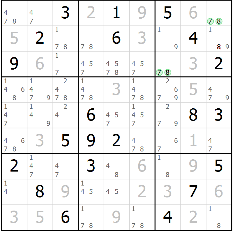 Position des candidats pour la solution de la Gr 80 page 83 du magazine de sudoku Maestro n° 097